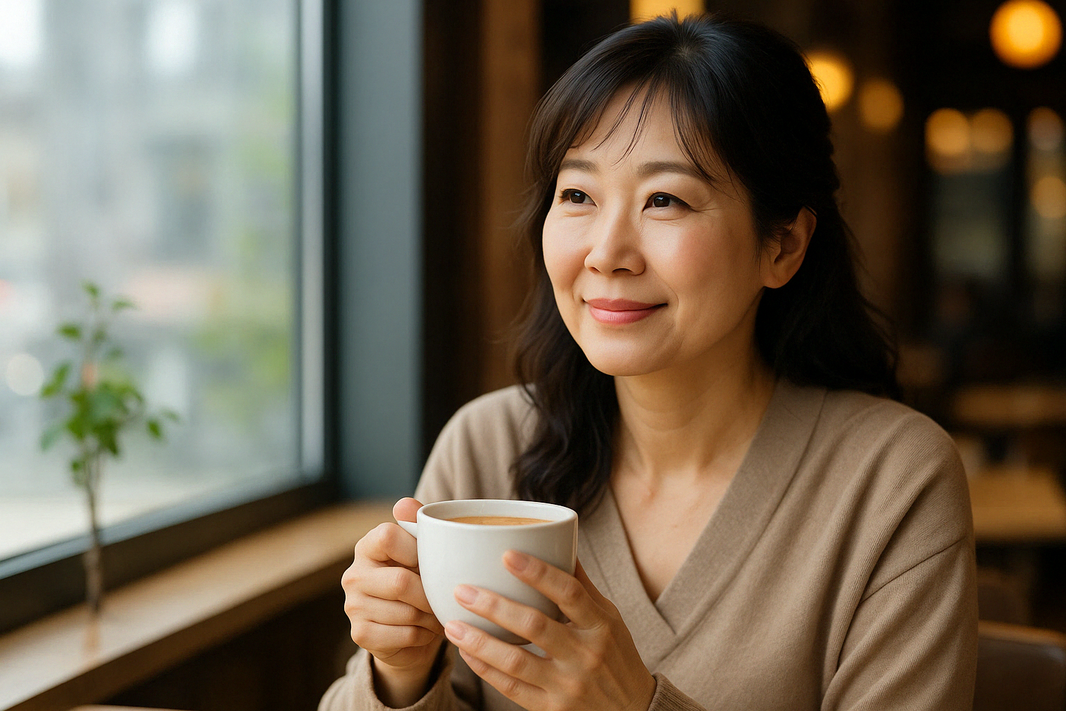 春の光に包まれた、優しい表情の50代女性。自然体で微笑む姿が印象的。
