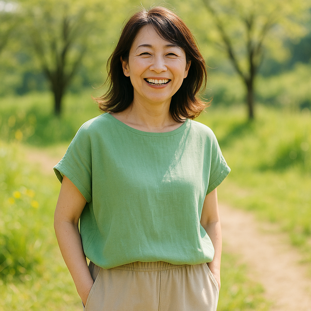 黄緑のトップスを着た50代女性が、心地よく微笑む春の日の装い。自分らしいおしゃれを楽しむ姿