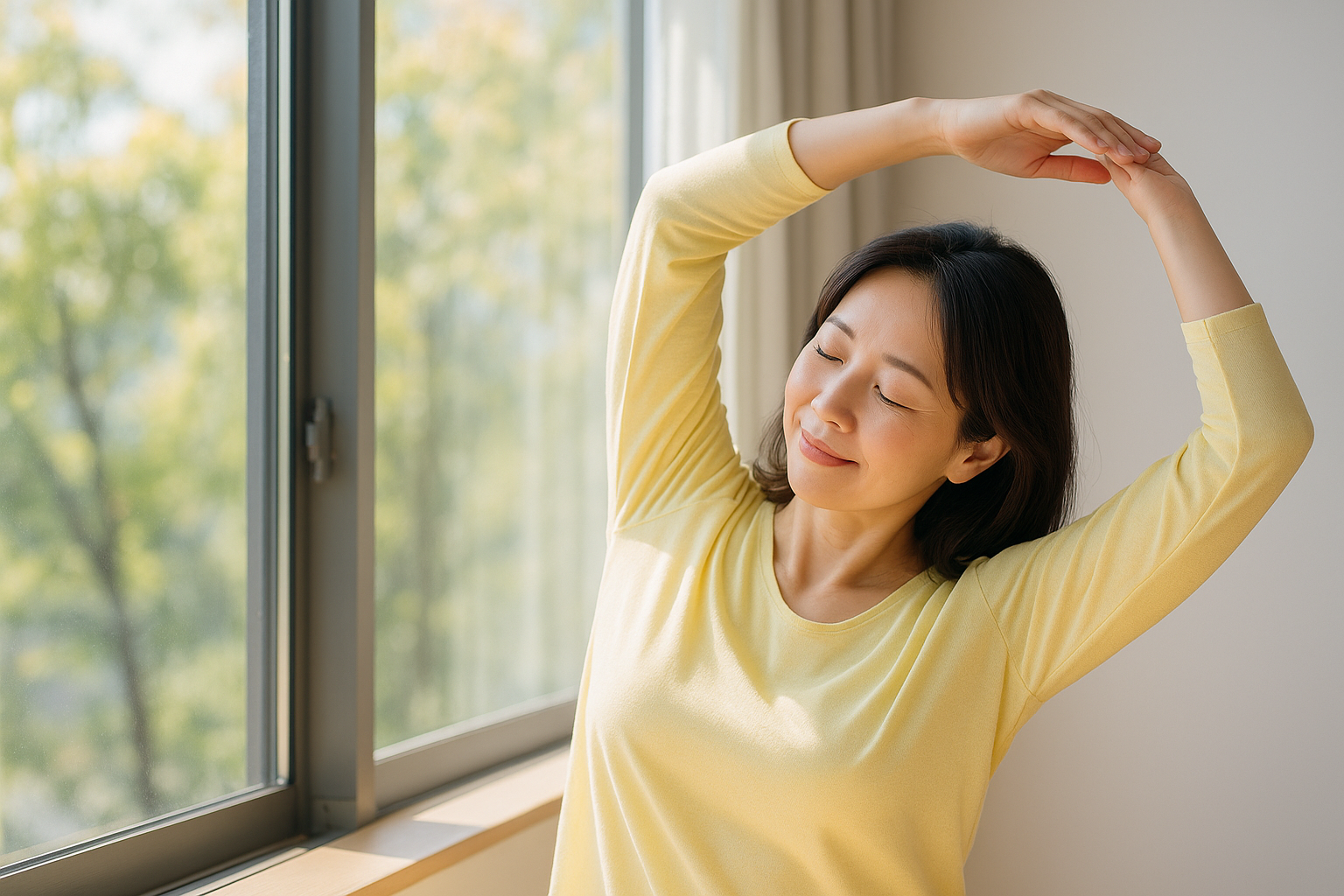 窓辺でストレッチするアラフィフ女性。心地よい朝に、変化する身体と向き合うひととき
