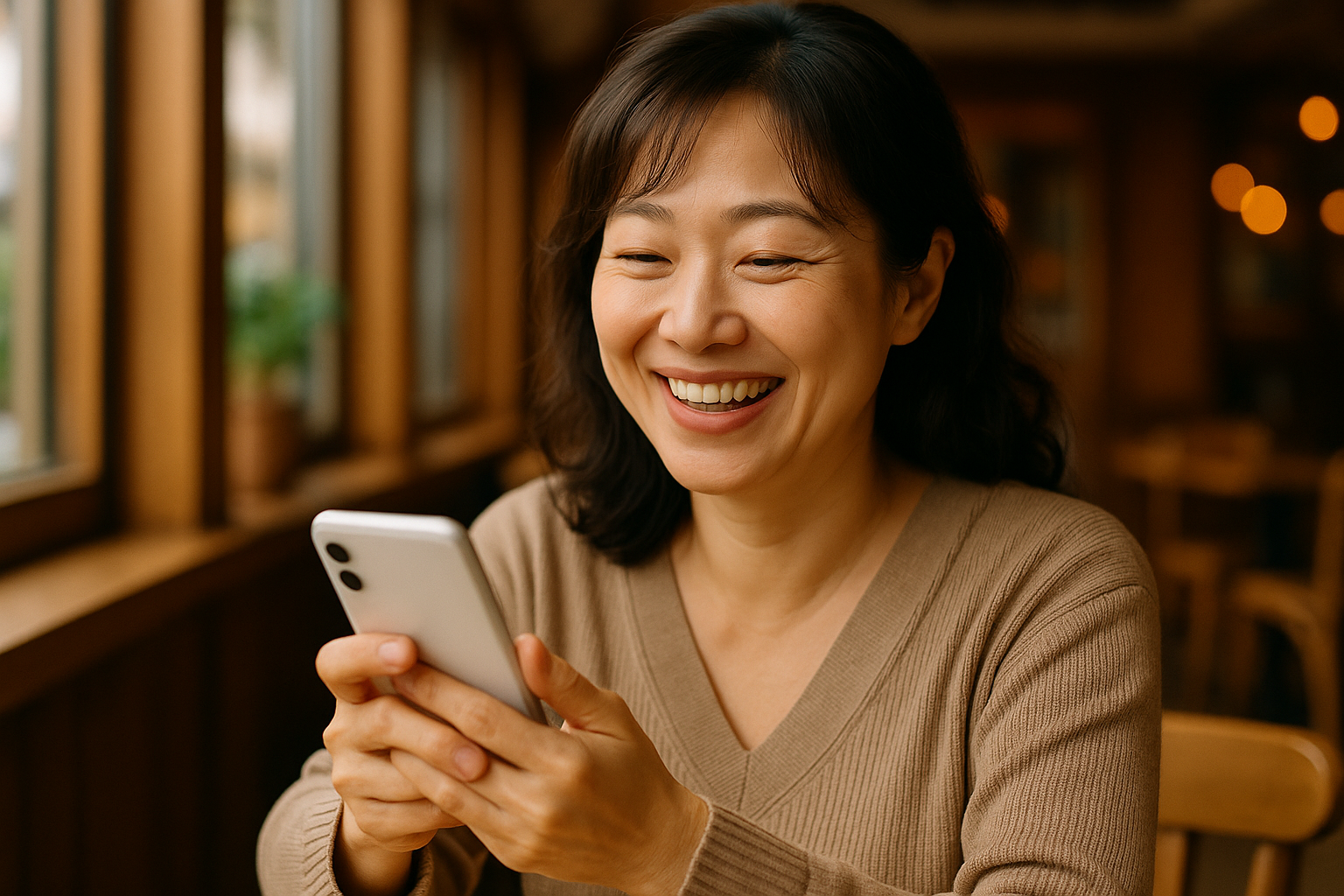 スマホを手にマッチングアプリを開いて笑顔のアラフィフ女性