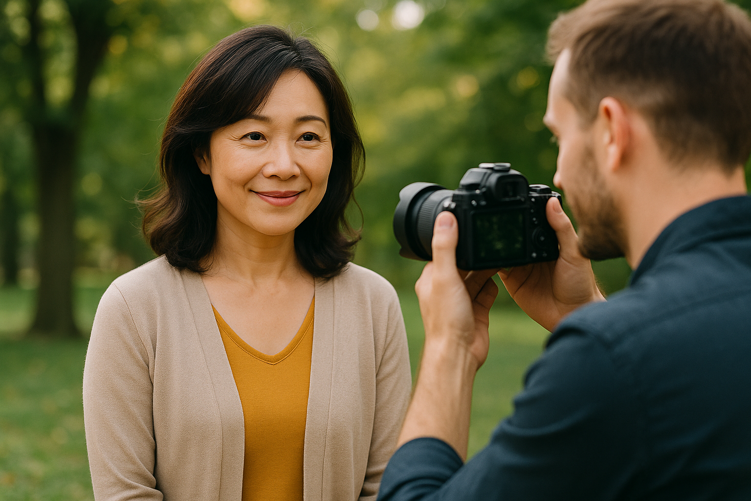 屋外でプロフィール写真を撮影しているアラフィフ女性とカメラマン