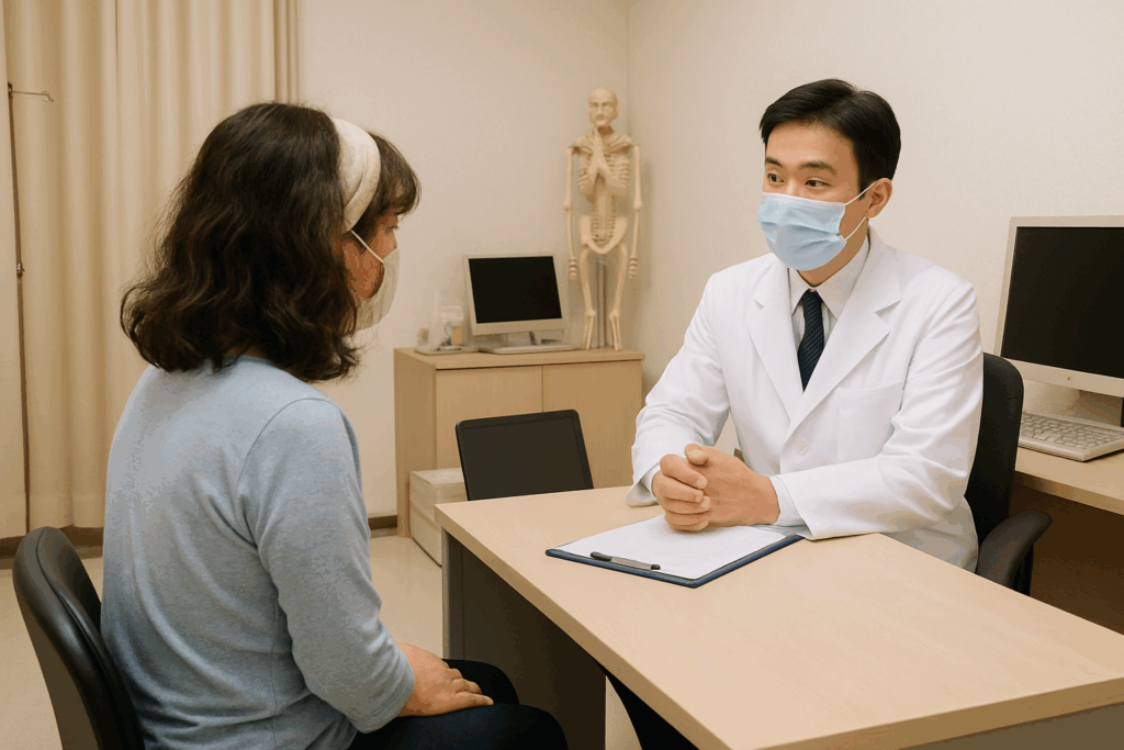 病院で更年期障害の説明をうけるアラフィフ女性