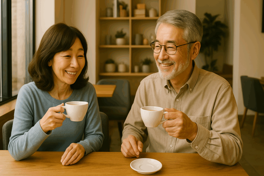50代の男女が仲良さげに一緒にコーヒーを飲む