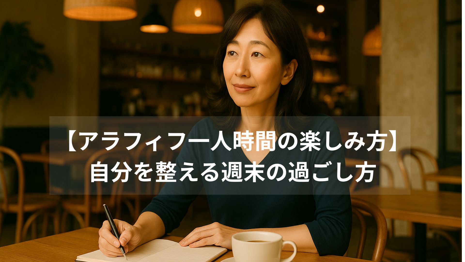 ノートを広げカフェでひとり過ごす50代女性